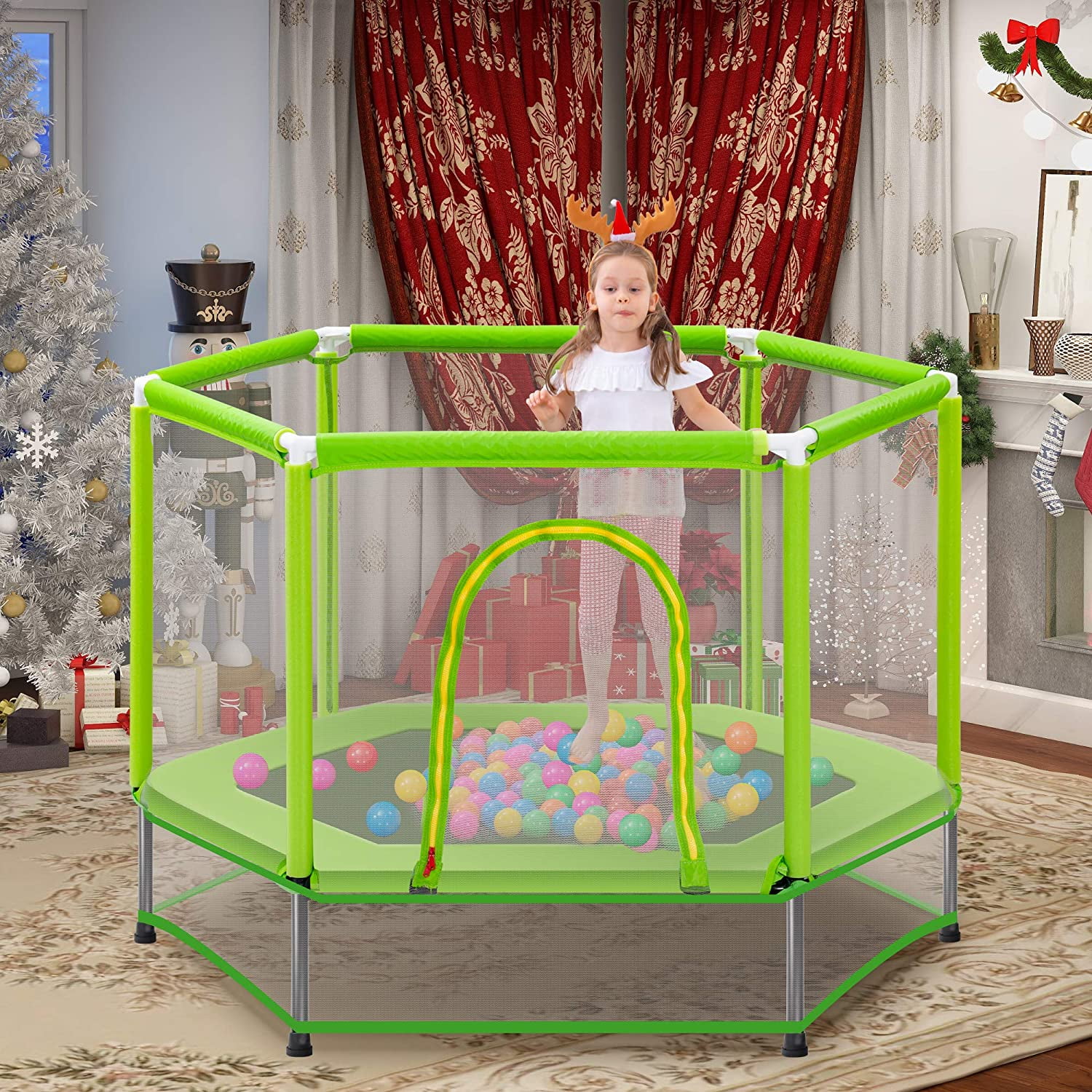 55'' Toddlers Trampoline with Safety Enclosure Net and Balls, Indoor