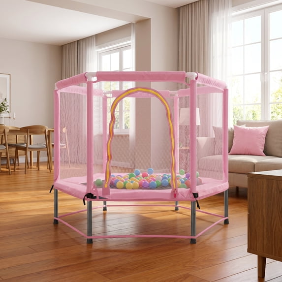 55'' Toddlers Trampoline with Safety Enclosure Net and Balls Indoor Outdoor Mini Trampoline for Kids