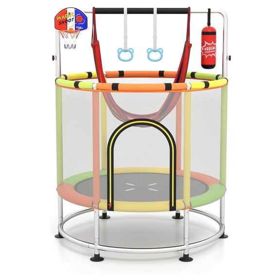 55" Trampoline for Kids, 440LBS 6 in 1 Toddler Rebounder with , Basketball Hoop, Punching Bag, Rings & Bar, No- Jumping Mat Mini Indoor Outdoor Trampoline for Boys Girls