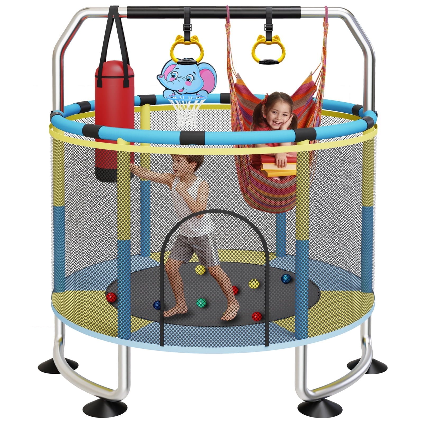 G TALECO GEAR Trampoline for Kids, Toddler Trampoline with Adjustable Gymnastics Bar & Toys, Indoor & Outdoor Round Small Trampoline Gift for Boys & Girls,  400lbs, Yellow & Blue