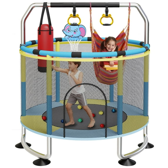 G TALECO GEAR Trampoline for Kids, Toddler Trampoline with Adjustable Gymnastics Bar & Toys, Indoor & Outdoor Round Small Trampoline Gift for Boys & Girls, 400lbs, Yellow & Blue