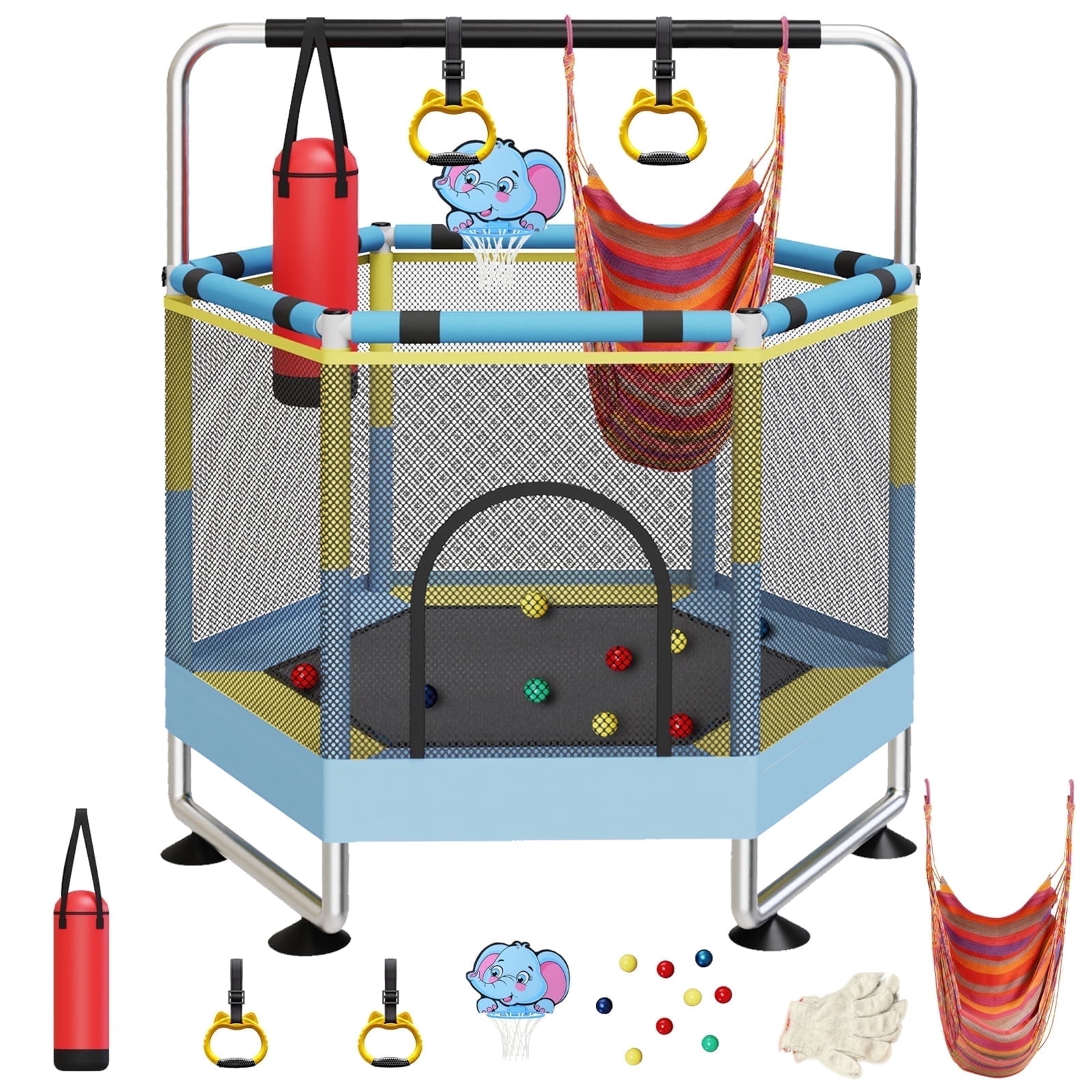 62" Trampoline for Kids with Enclosure, Indoor & Outdoor Toddler Trampoline with Adjustable Gymnastics Bar & Toys, for Boys & Girls, 440lbs, Yellow&Green