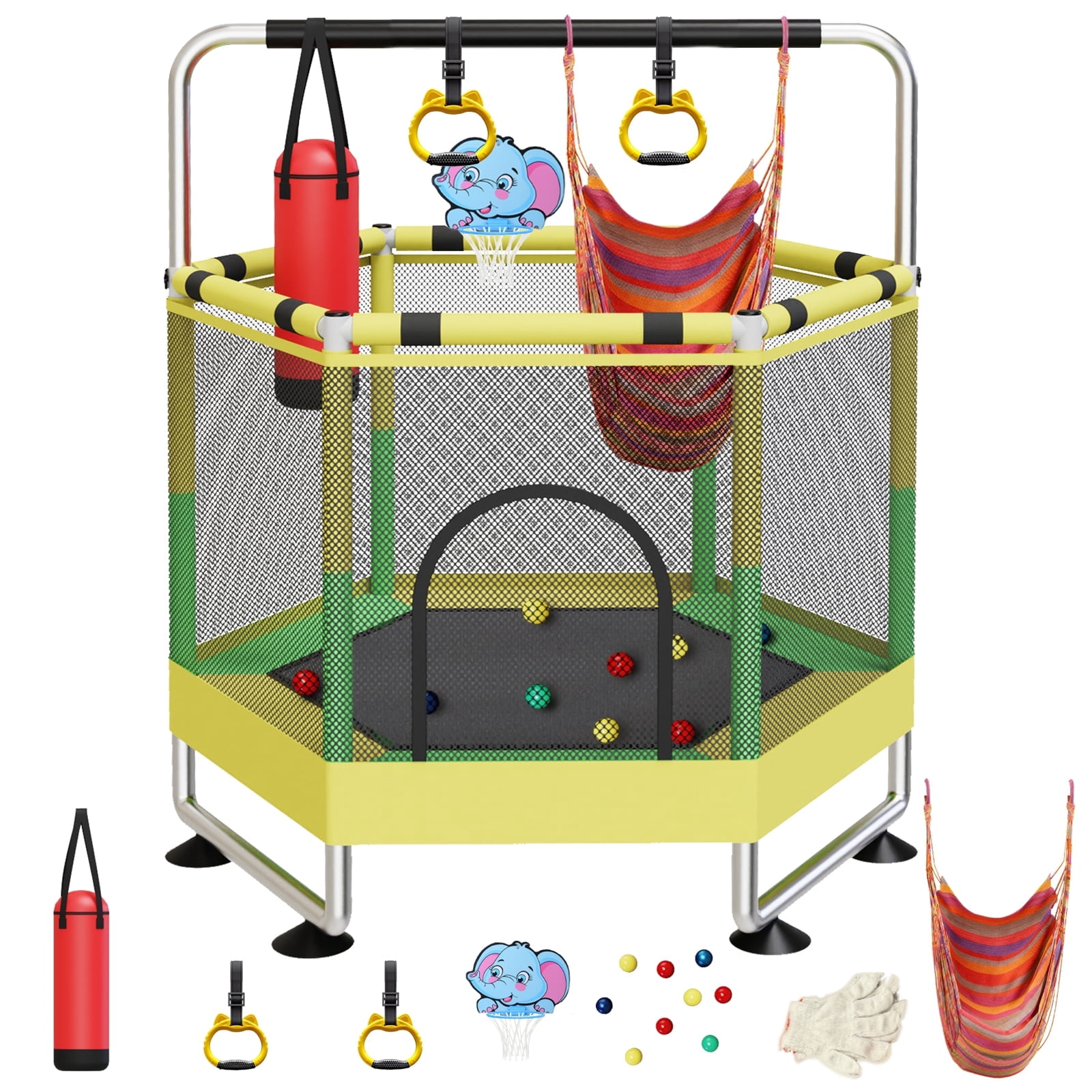 G TALECO GEAR Trampoline for Kids, Toddler Trampoline with Adjustable Gymnastics Bar & Toys, Indoor & Outdoor Hexagon Small  60'' Trampoline Gift for Boys & Girls,  400lbs, Yellow & Green