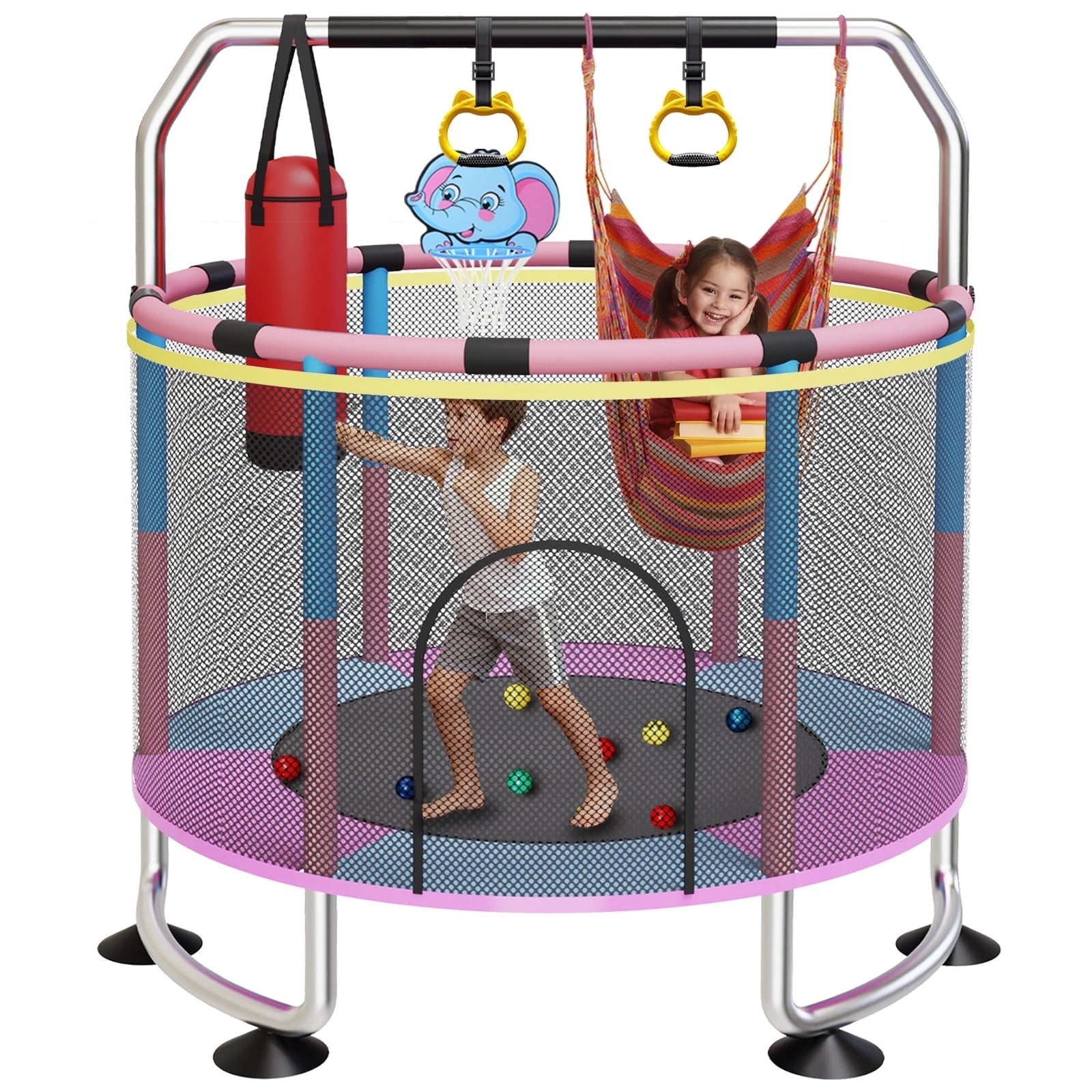 G TALECO GEAR Trampoline for Kids, Toddler Trampoline with Adjustable Gymnastics Bar & Toys, Indoor & Outdoor Round Small Trampoline Gift for Boys & Girls,  400lbs, Pink & Blue