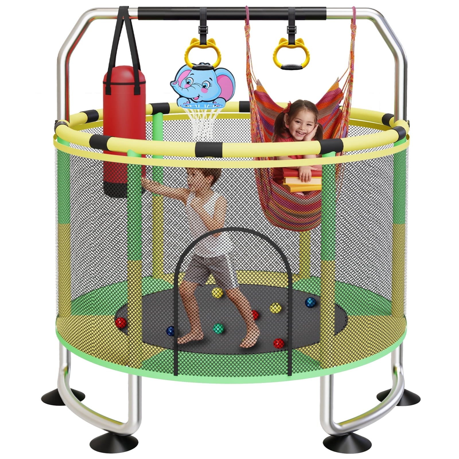 G TALECO GEAR Trampoline for Kids, Toddler Trampoline with Adjustable Gymnastics Bar & Toys, Indoor & Outdoor Round Small Trampoline Gift for Boys & Girls,  400lbs, Yellow & Green