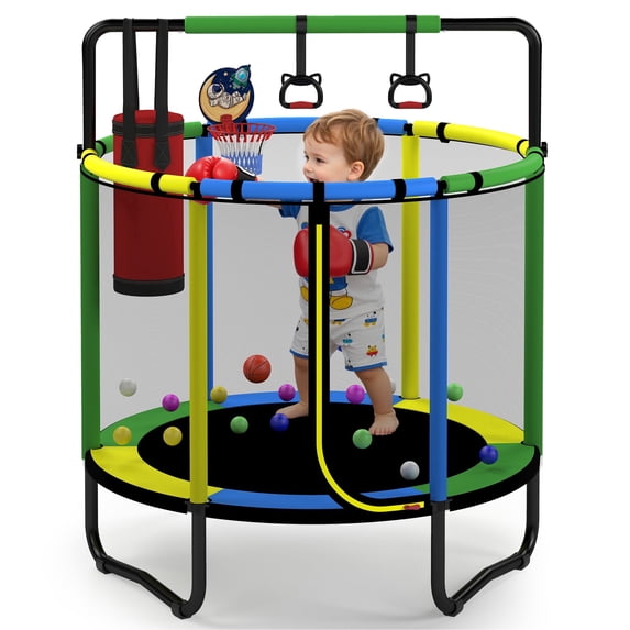 4.5FT Toddler Trampoline for Kids with Enclosure, Kids Trampoline with Basketball Hoop, SHINPT Indoor Trampoline, Small Trampolines for Kids, Mini trampoline, Gifts for Boys, Girls, 110lbs Capacity