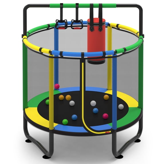 55" Trampoline for Kids, Indoor Kids Trampoline with Gym Bar, Punching Bag, Rings, Ball Pit, Indoor Trampoline for Kids with Net, Mini Trampoline for Kids Ages 3–6, 110lbs Capacity, Blue
