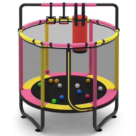 55" Trampoline for Kids, Indoor Kids Trampoline with Gym Bar, Punching Bag, Rings, Ball Pit, Indoor Trampoline for Kids with Net, Mini Trampoline for Kids Ages 3–6, 110lbs Capacity, Blue