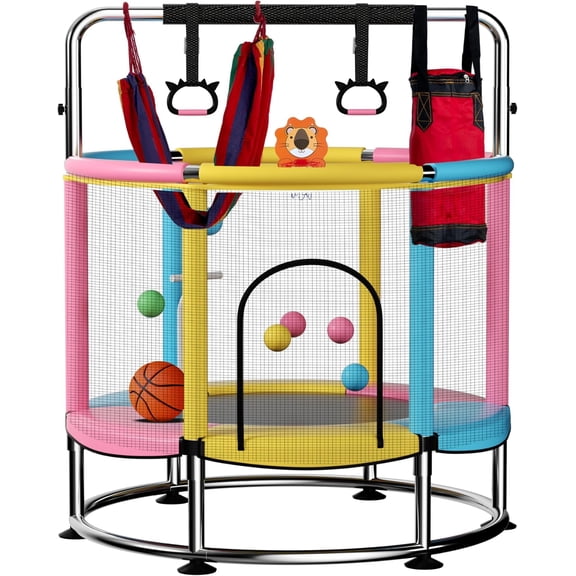 55" Trampoline for ,Up to 440 Ibs Mini Trampoline with Anti-Rollover Round Bottom,Indoor & Outdoor Trampoline with Safety Enclosure,Adjustable Gymnastics Bars,Basketball Hoop