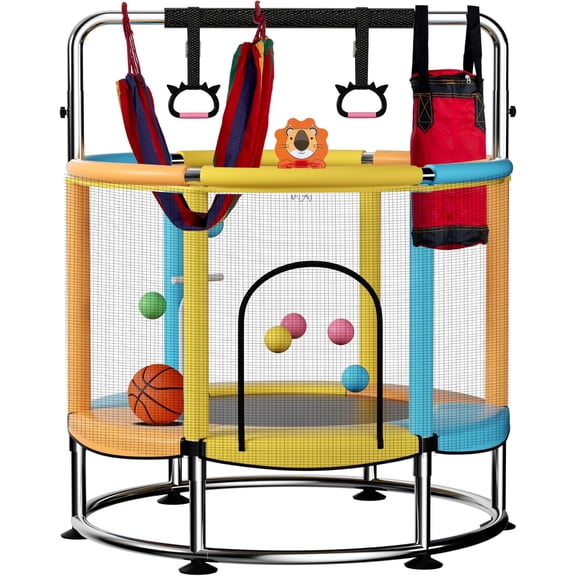 55" Trampoline for ,Up to 440 Ibs Mini Trampoline with Anti-Rollover Round Bottom,Indoor & Outdoor Trampoline with Safety Enclosure,Adjustable Gymnastics Bars,Basketball Hoop