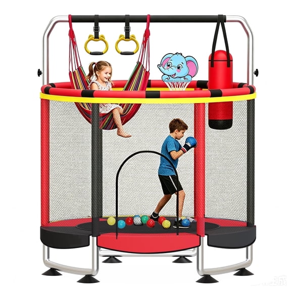 SEMOPRUS 55" Trampoline for Kids with Enclosure Net, 440lbs Indoor Outdoor Toddler Trampoline, Adjustable Gymnastics Bar&Toys, for Boys Girls