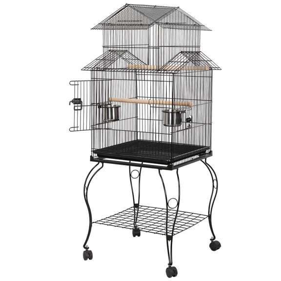 55 Inch Triple Roof Parrot Cage for Medium Birds, Conure Cockatiel Parakeet Home with Stand, Spacious Design, Stainless Steel Feeders, Gray