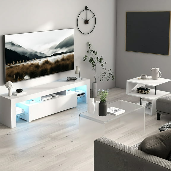 55" Tv Entertainment Center, Led Stand, White, With Down Flip Door, Glass Shelf And Large Storage For Bedroom & Living Room White Stand 55-inch Tvs, Modern Center Shelf, Storage, High Glossy Front