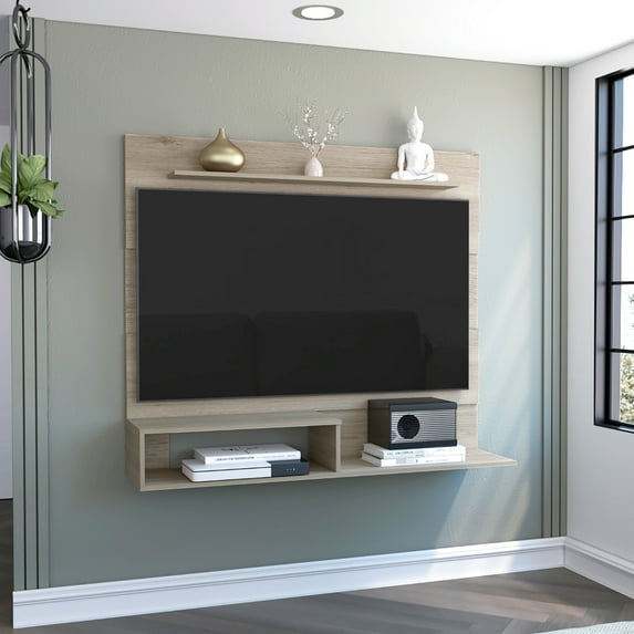 55" Tv's Floating Entertainment Center In Pine Design: One Superior Shelf And Two Shelves, Modern Tv Color Scheme:
