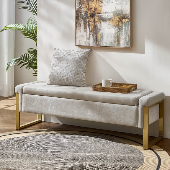 Tina's Home 55" Upholstered Storage Ottoman Bench For End of Bed Entryway Bedroom Beige