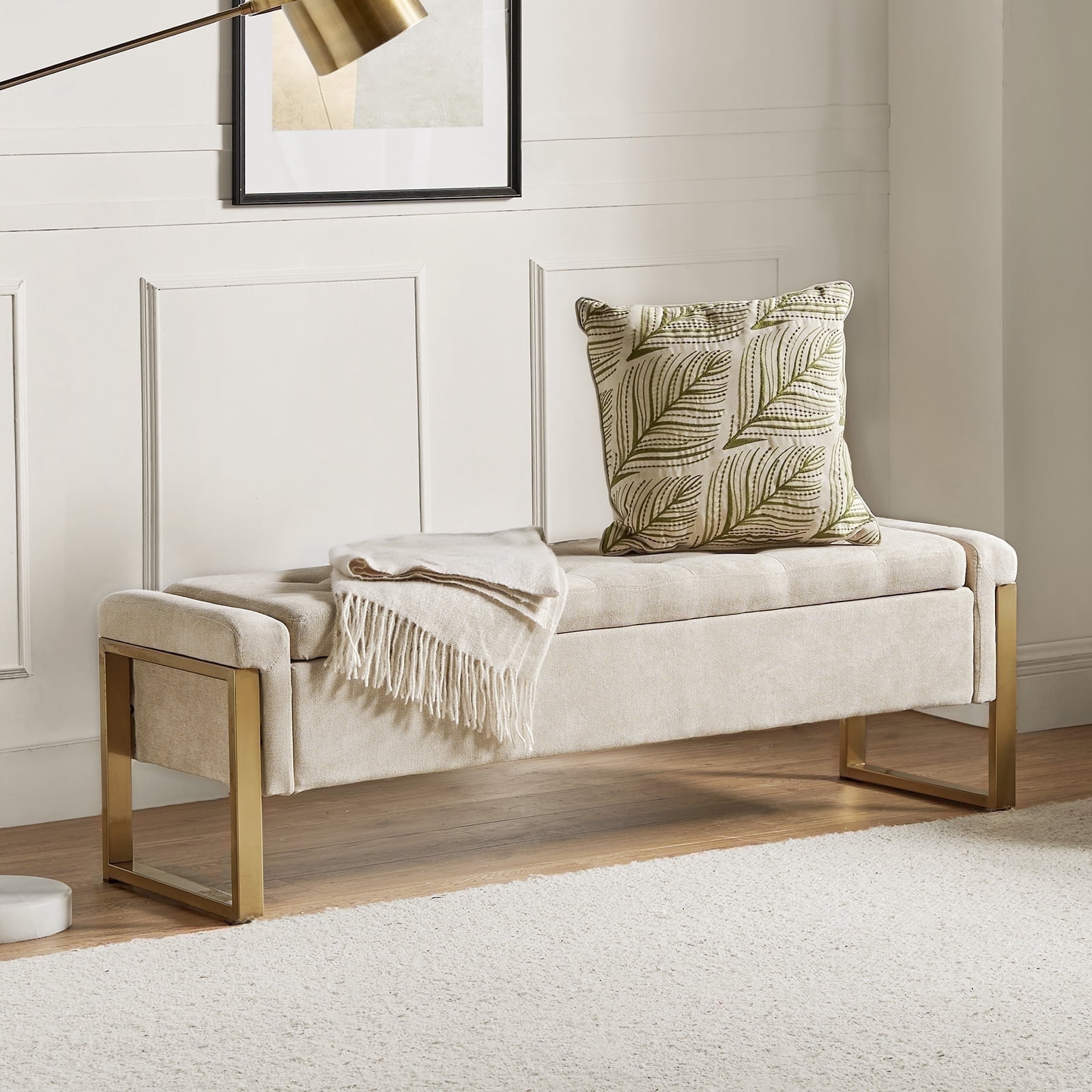 55" Upholstered Bench with Storage End of Bed Bench Entryway Bedroom Beige