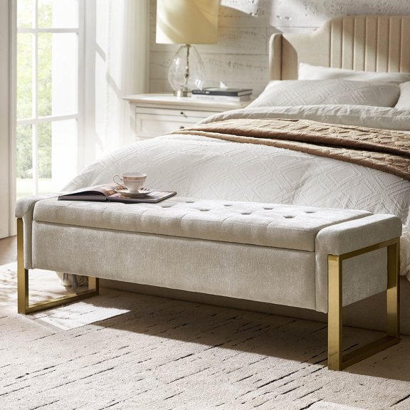 Tina's Home 55" Upholstered Storage Bench with Soft-Close Lid, Extra Deep Hidden Storage Ottoman with Metal Legs for Bedroom Entryway, Beige