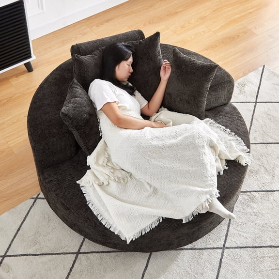 55" Upholstered Chaise Lounge Indoor, 360° Swivel Barrel Chair with Wide Armrest and Three Pillows, Oversized Chenille Accent Arm Chair for Living Room Bedroom Reading, Black