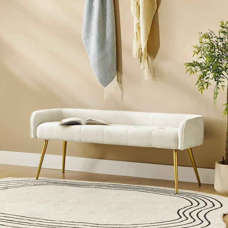 55 Upholstered Ottoman Bench with Arms Low Back End of Bed Entryway Bedroom Golden Tapered Leg Beige