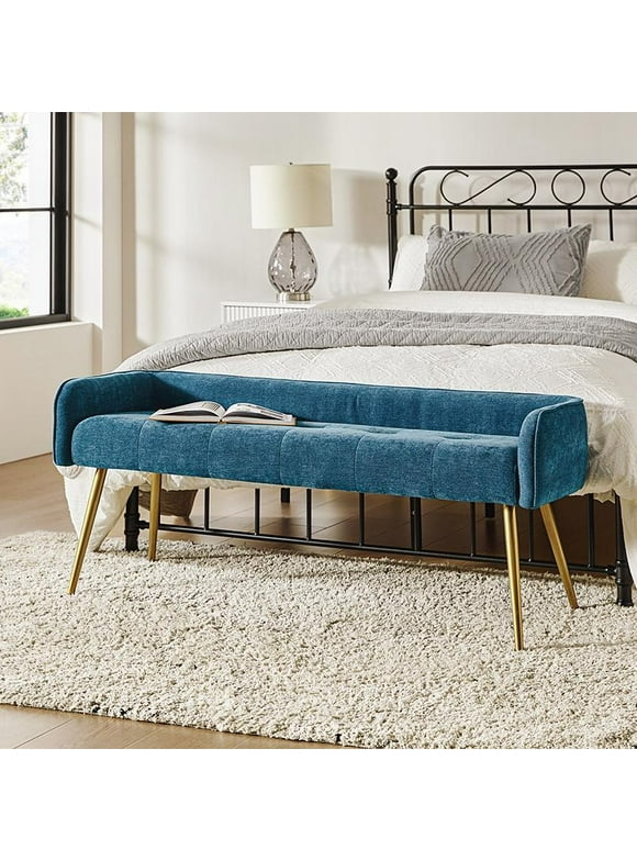 55" Upholstered Ottoman Bench with Arms Low Back,End of Bed Entryway Bedroom Golden Tapered Leg Blue