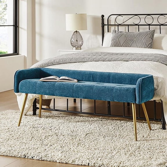 55" Upholstered Ottoman Bench with Arms Low Back,End of Bed Entryway Bedroom Golden Tapered Leg Blue