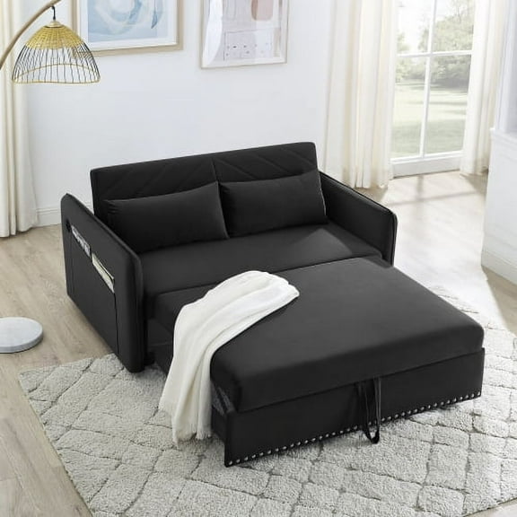 55" Velvet Sleeper Sofa Bed, Loveseat Sleeper Sofa with 3 Reclining Angles, Sofa Cama with USB Port for Small Spaces​, Black