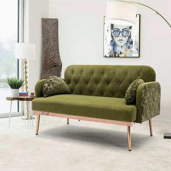 55" Velvet Sofa, Modern Elegant Loveseat Couch with 2 Pillows and Golden Metal Legs, Twin Size Loveseat Accent Sofa with Button Tufted Backrest for Living Room, Bedroom, Office, Green