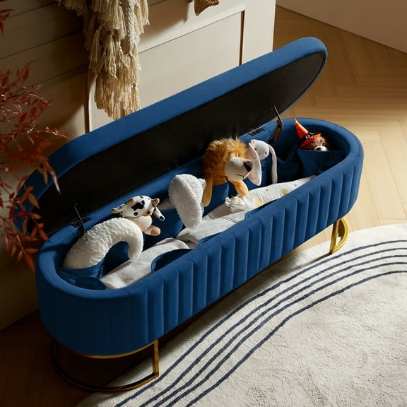 55" Storage Bench Flip Top Upholstered Compartments End of Bed Bench Entryway Navy