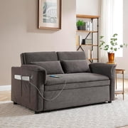55" Velvet Two Seater Pull Out Sofa Bed, Adjustable Backrest With USB Ports, Two Side Pockets, 3 in 1 Convertible Sleeper Sofa Bed, Modern Love Seat Lounge,2 waist pillows for living rooms