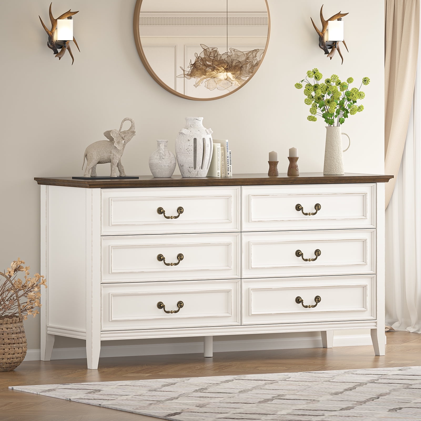 55" Vintage 6 Drawer Dresser for Bedroom, Solid Wood Dressers & Chest ...