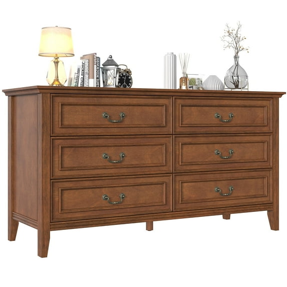 55" Vintage 6 Drawer Dresser for Bedroom, Solid Wood Dressers & Chest of Drawers, Wide Doubel Dresser Organizer for Living Room, Hallway, Closet