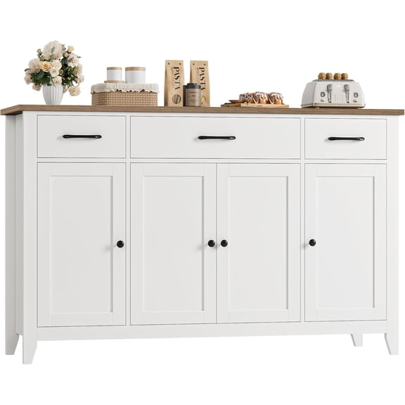55" W Buffet Cabinet with Storage, Kitchen Storage Cabinet, White | Modern Farmhouse Buffet Sideboard with 3 Large Drawers, Adjustable shelves, Wood Coffee Bar Cabinet for Dining Living Room