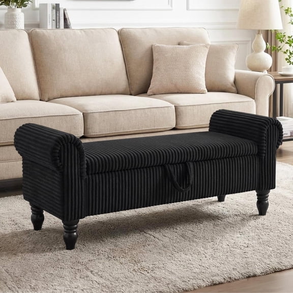 55''W Corduroy Upholstered Storage Bench for End of Bed with Roller Arms, Bench with Storage for Queen Bed