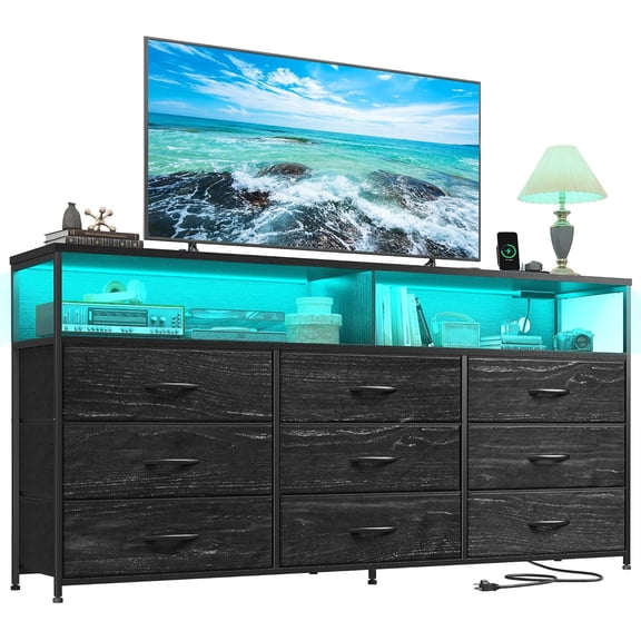 55" W Dresser for Bedroom with 9 Drawers, LED TV Stand with Power Outlets for 45, 55, 65 Inch TV, Sturdy Long Chest of Drawers with Extra 2 Wooden Shelves, Grain Black