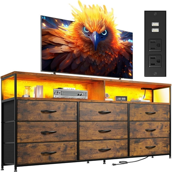 55” W Dresser for Bedroom with Charging Station & LED, 65" TV Stand for Bedroom with 9 Fabric Drawer & Open Shelves for Dorm, Entryway, Rustic Brown, 11.81" D x 55.12" W x 35.43" H