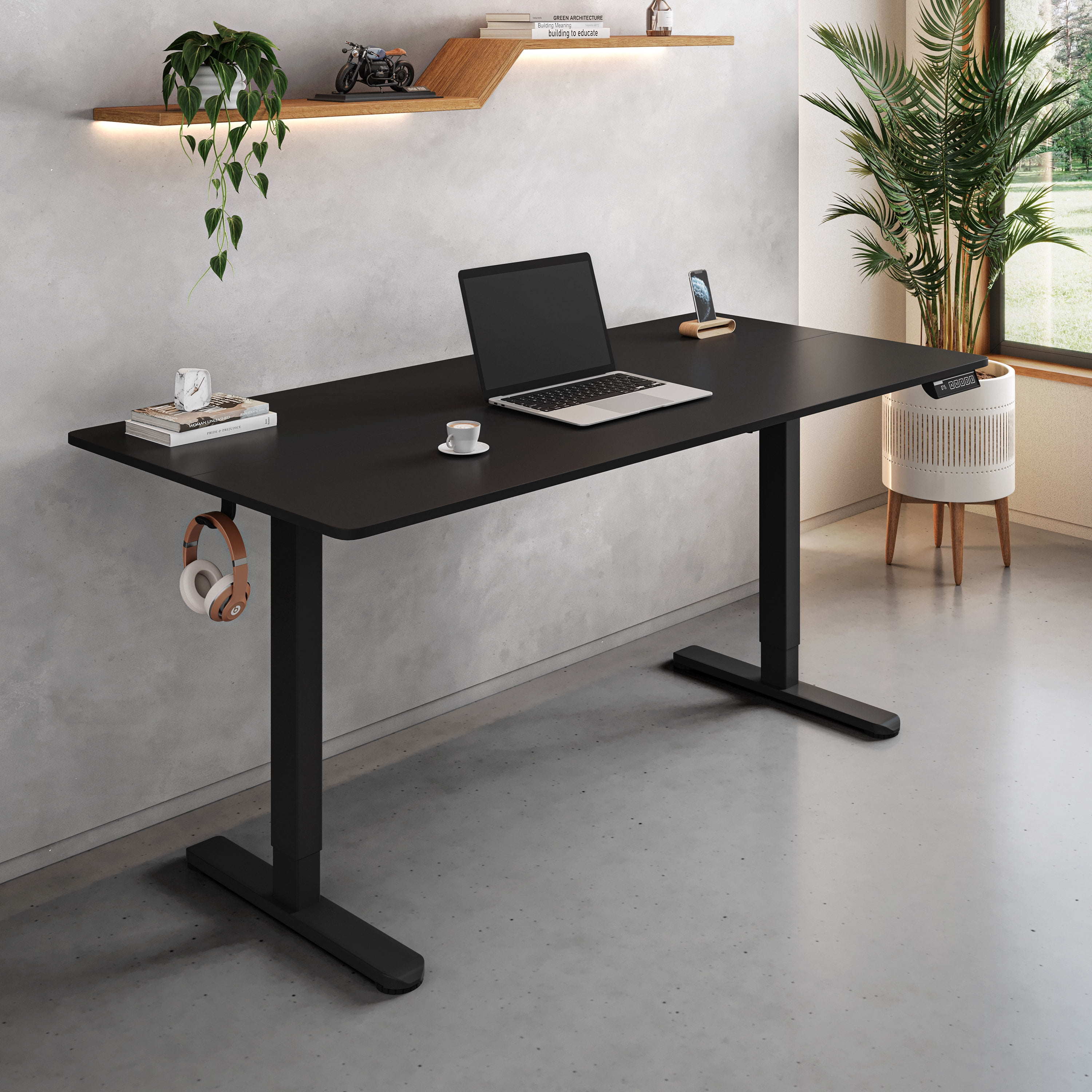55" W Electric Standing Desk, Heigh Adjustable Sit-to-Stand Desk with 3 Memory Presets and Dual Accessory Hooks, Black