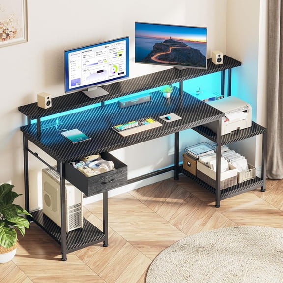 55" W Gaming Desk, Computer Desk with LED & Power Outlet, Office Desk with Printer Storage Shelves & Storage Drawer, Reversible Desks Study Table with Monitor Shelf, Black