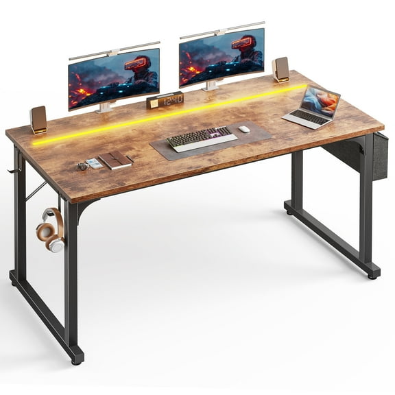 melmine 55"W Inch Computer Desk with Waterproof LED Lights, Side Storage Bag and Hooks, Anti-Tip, Study Desk for Small Spaces,Brown