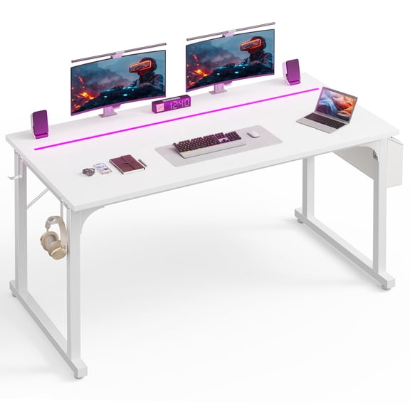melmine 55"W Inch Computer Desk with Waterproof LED Lights, Side Storage Bag and Hooks, Anti-Tip, Study Desk for Small Spaces,White