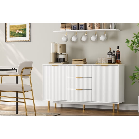 55"W Modern Accent Storage Sideboard Buffet Cabinet, Kitchen Sideboard Cabinet with 2 Doors and 3 Drawers, Modern Wood Coffee Bar Table for Dining Room, White