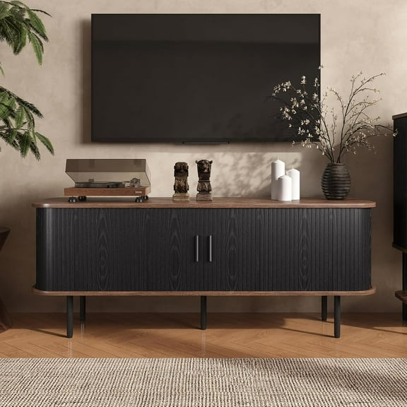 55''W Modern TV Stand Cabinet with Storage for TVs up to 60 Inch, Fluted TV Entertainment Center with Slatted Tambour Doors, Media Console for Living Room, Entryway, Black
