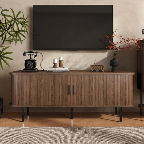 55''W Modern TV Stand Cabinet with Storage for TVs up to 60 Inch, Fluted TV Entertainment Center with Slatted Tambour Doors, Media Console for Living Room, Entryway, Walnut
