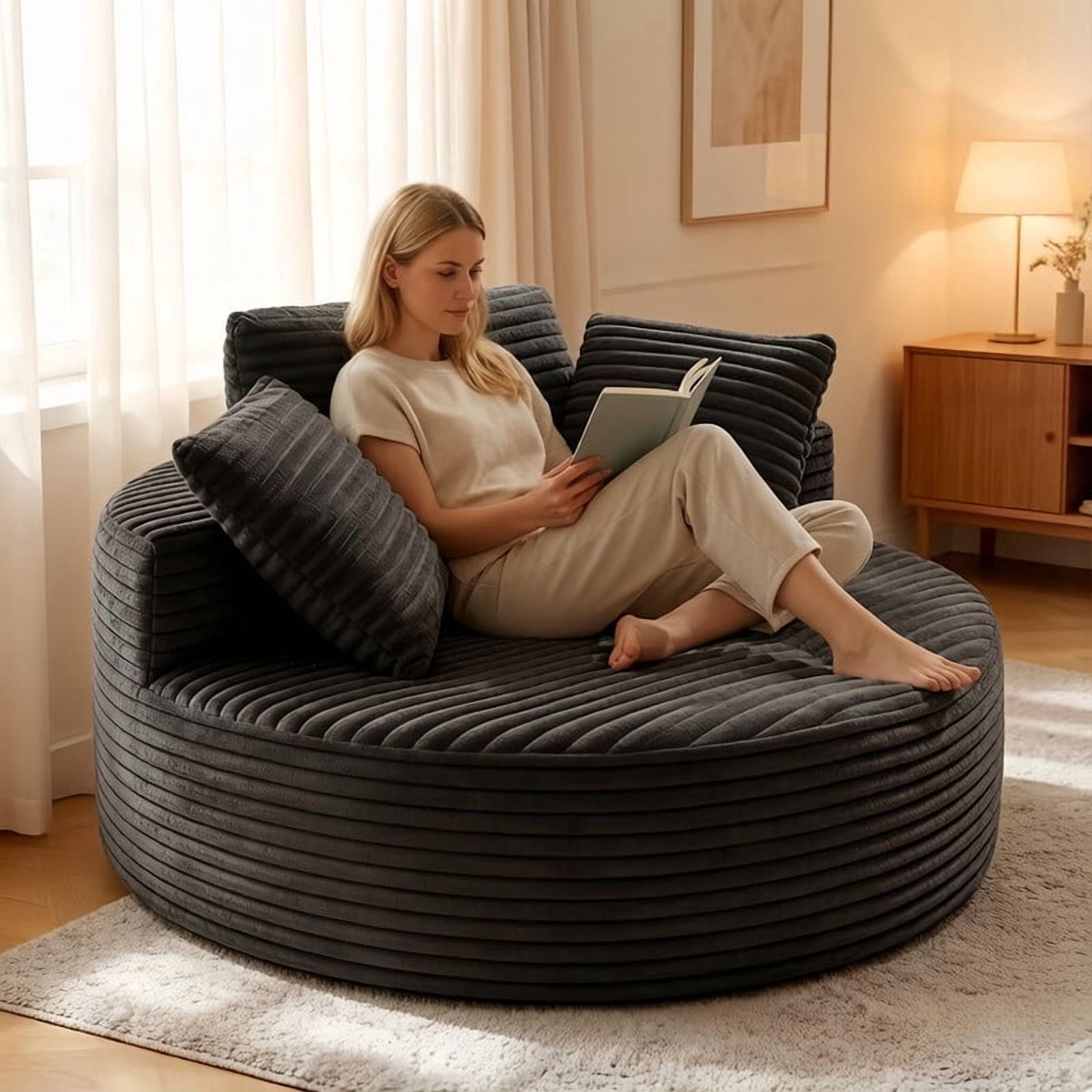 55''W Oversized Indoor Round Reading Armchair, Corduroy Upholstered Chaise Lounge, Single Lazy Sofa Chair