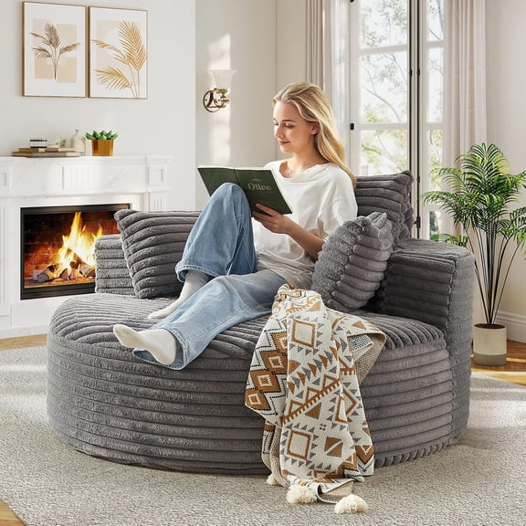 55"W Oversized Round Chair Lounge Chaise Indoor, Upholstered Comfy Circle Sofa Armchair, Modern Cozy Boneless Foam Floor Reading Chair for Living Room, Bedroom, No Assembly Required(Corduroy, Grey)