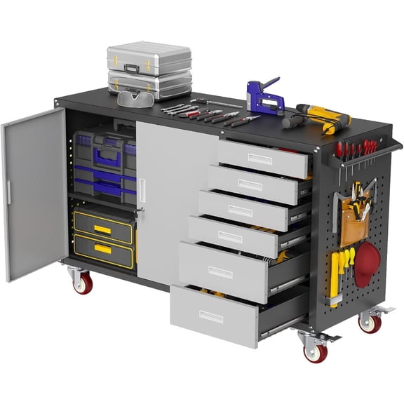 55" W Rolling Workbench with 6 Drawers and Storage Cabinet,1000 LB Capacity Heavy Duty Work Bench with Pegboard and Adjustable Shelf,Garage Workbench with Wheels for Repair Shop/Workshop