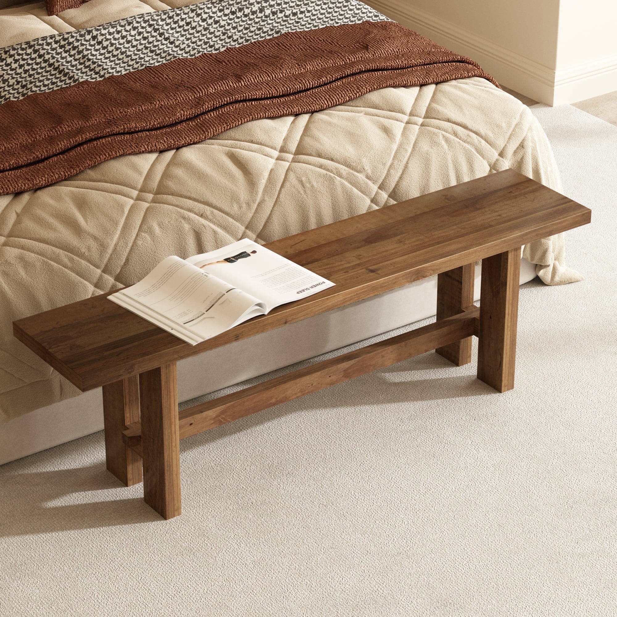 55''W Solid Reclaimed Wood Bench, Farmhouse Narrow Long Seating Bench for Entryway, Living Room, Indoor and Outdoor