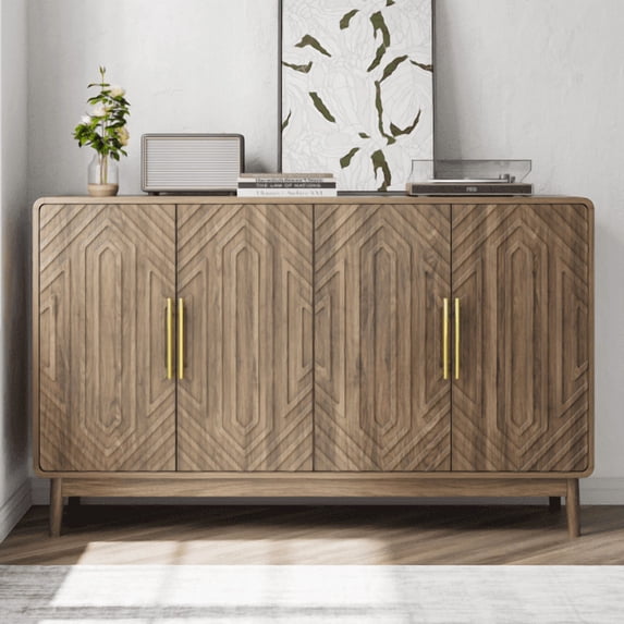 55" Walnut Sideboard Buffet Cabinet with Storage, Wood+Plastic Carved 4-Door Accent Furniture with Adjustable Shelves for Multiple Rooms