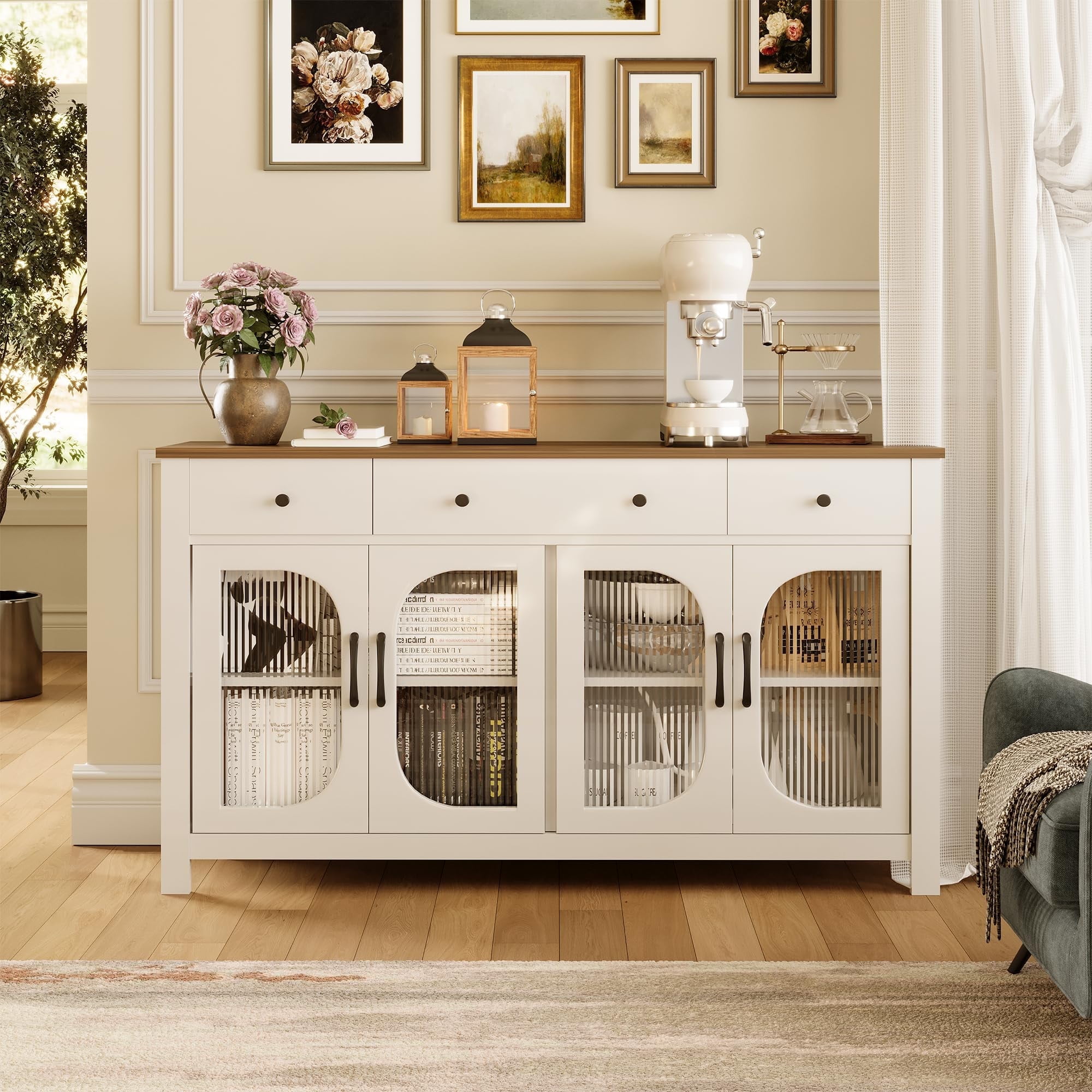 55" White Buffet Sideboard Cabinet with Storage, Buffet Table Featuring ...
