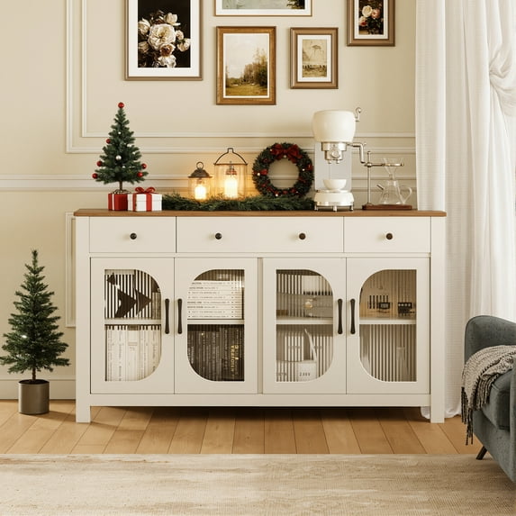 55" White Buffet Sideboard Cabinet with Storage, Buffet Table Featuring 3 Drawers & 4 Glass Doors, Kitchen Coffee Bar Cabinet with Adjustable Shelving for Dining Room or Living Room