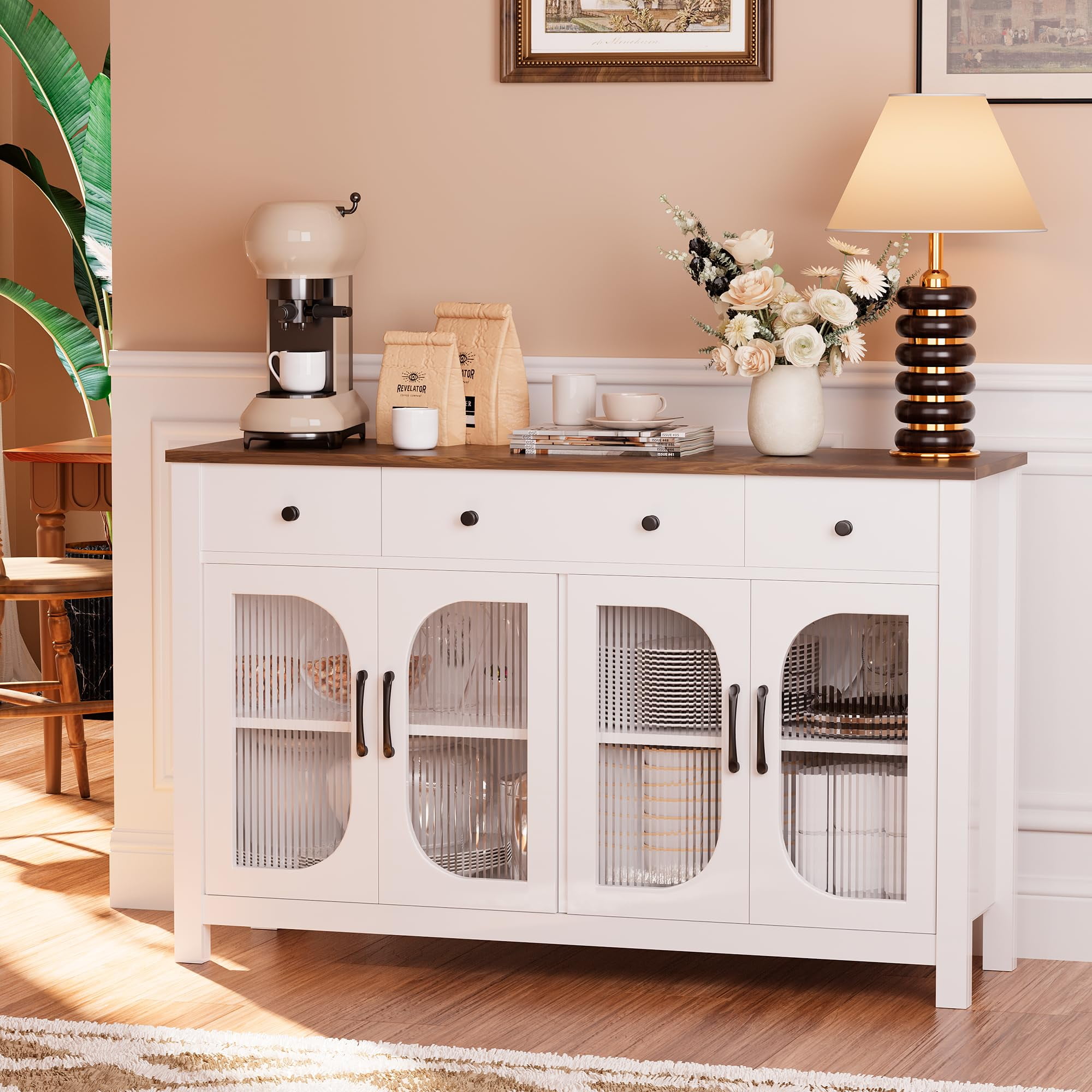 55" White Buffet Sideboard Cabinet with Storage, Buffet Table Featuring ...